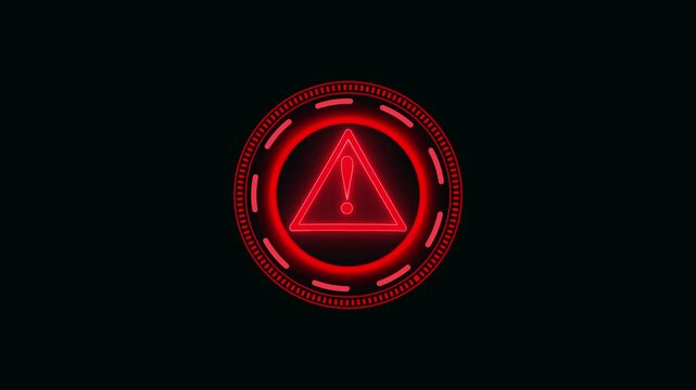 Warning sign animation displays a circular hazard mark on dark. Critical system security danger alerts trigger on this warning sign. Emergency threat notices use the sign.