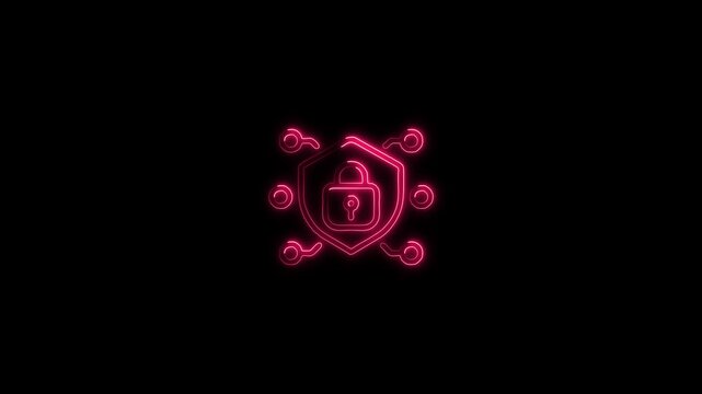 Glowing neon cyber security icon shield and padlock protection concept on black background
