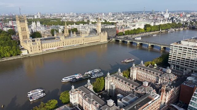 London Skyline In England United Kingdom. Westminster Palace. Government Buildings. Historical Big Ben. London Skyline In England United Kingdom. Downtown District. Landmark Westminster Bridge.