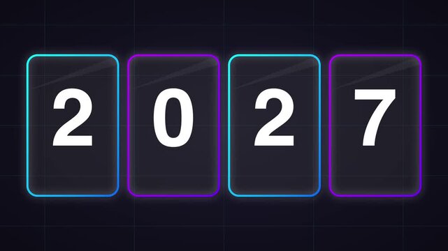 New Year 2027 Flip Number Cards Animation On Dark Grid Background Neon Glow Transition