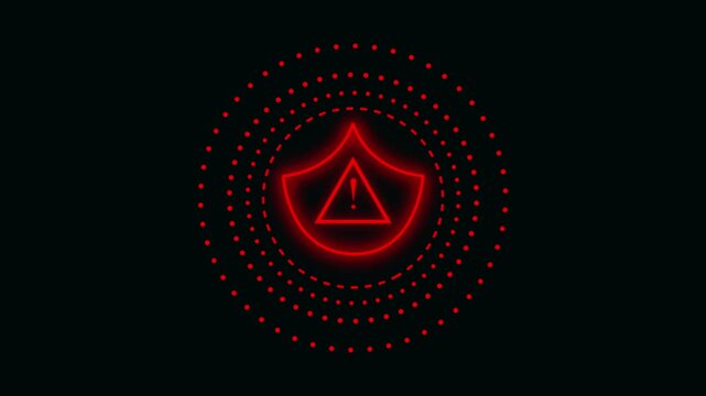 Warning shield animation displays an exclamation in target rings. Critical cyber hazard alerts trigger on this active warning shield. Emergency threat defense guards shield.
