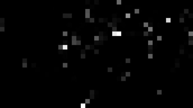 Glowing white and gray pixel squares float across a dark black background, creating a minimalist digital motion effect suitable for technology videos, presentations, screens, and modern designs.