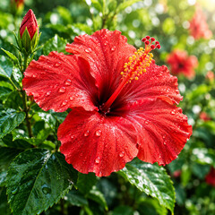 Red Hibiscus Flower with Water Droplets in Tropical Garden © Donita Dion