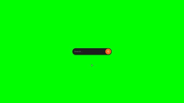A sleek dark mode search bar animation. Features a smooth pop-in, a symmetrical tail-less arrow cursor sweeping to click the search button, and an elastic click reaction.