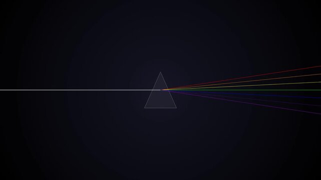 Glass prism refracting a light beam into colorful spectrum rays on a dark background