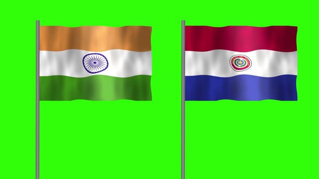 Flag of Paraguay and India, Pole flag of Paraguay and India on Green screen chroma key, Paraguay and India flag waving.
