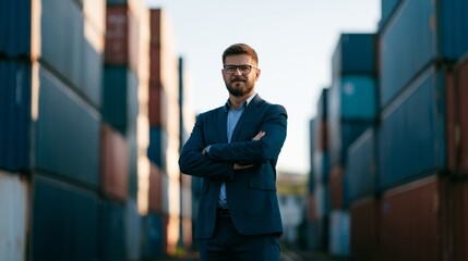 Fototapeta premium Confident businessman standing among shipping containers