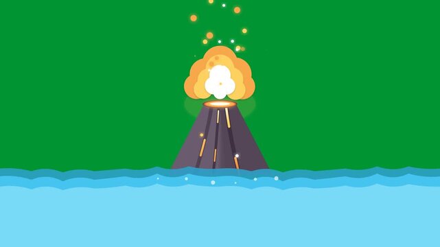 Cartoon volcano island erupting with fire smoke and glowing sparks above blue ocean water in seamless loop on green screen background flat 2D vector animation