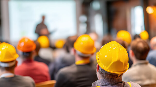 A group of workers wearing yellow safety helmets attentively listens to a presentation in an indoor industrial training or meeting session.