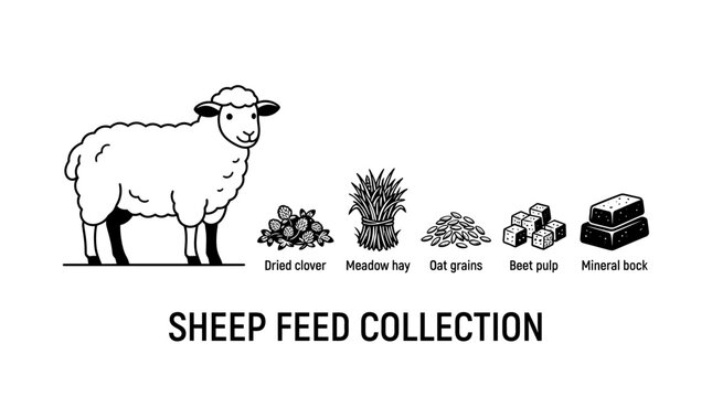 Very beautiful black and white flat vector illustration of a healthy sheep standing beside separate dried clover, meadow hay, oat grains, beet pulp cubes and mineral blocks, SHEEP FEED COLLECTION, cen