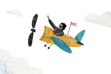 Creative picture collage young happy man energetic persistent target achievement airplane pilot clouds destination flag © deagreez