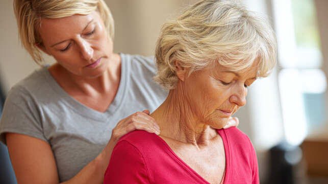 A younger woman gently massages the shoulders of an older woman, conveying care, comfort, and support in a calm indoor setting.