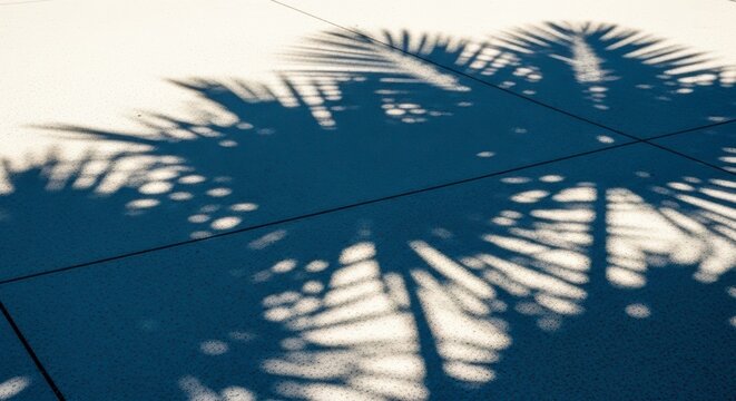 Shadow of palm tree fronds on a tiled surface creating a pattern of light and dark shapes and lines