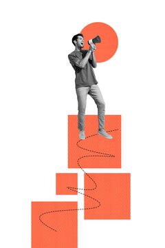 Vertical poster collage young man geometric figures announce information proclaim loudspeaker speech talk say scream drawing background