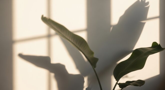 A fern casting shadows on a textured wall creating an interesting pattern in the bright sunlight day