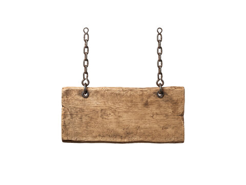 Rustic wooden sign hanging from chains on transparent background