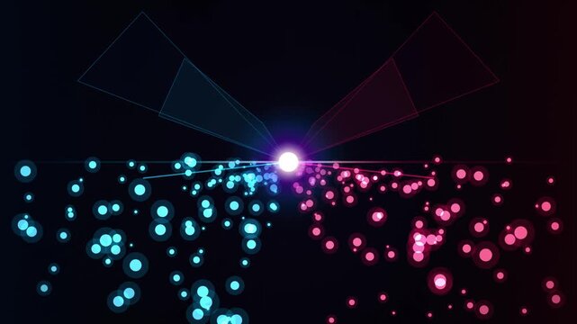 Dynamic digital particles emanating from a glowing central light creating a futuristic technology ba