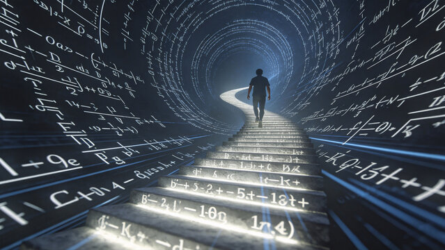 Math Tunnel|Man walks stairs through math formula tunnel, education and science concept art.