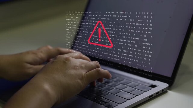 Cybersecurity warning alert on laptop with binary code, cyber attack, data breach, malware threat, system vulnerability, network security risk management and digital information protection.