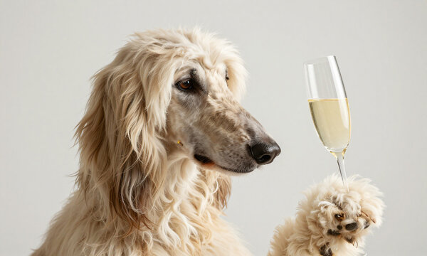 afghan hound face illuminated soft natural light gazes intensely champagne glass held delicately raised paw