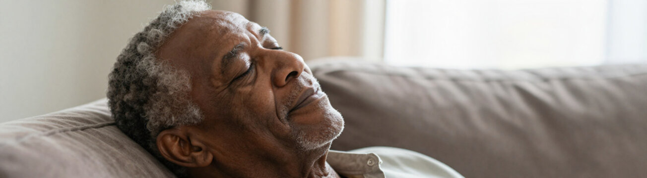 elderly african american man peacefully reclines plush couch gentle smile eyes closed soothing glow