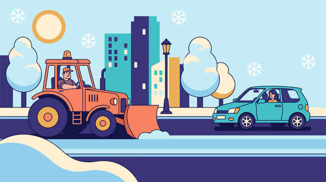 Colorful flat illustration of a snowplow clearing a snowy urban road while a car passes through a winter city landscape.