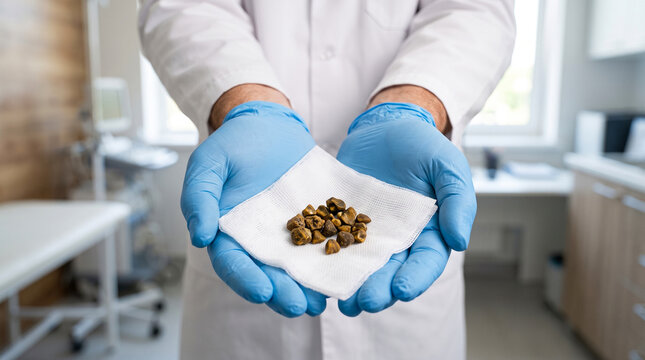Surgeon holding gallstones on gauze in clinic, gallbladder surgery and disease treatment