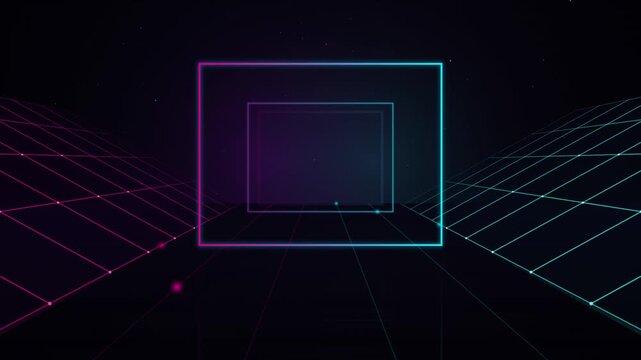 Futuristic neon cyberspace tunnel with glowing geometric squares and vibrant grid moving forward ani
