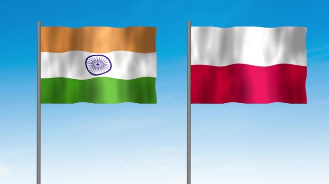 Flag of Poland and India, Pole flag of Poland and India on clear sky background. Poland and India flag waving. 
