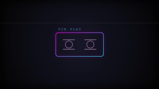 Neon cassette tape graphic featuring retro glitch scanlines and "vcr play" text