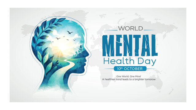 World Mental Health day, concept design Stethoscope with abstract human head profile and Green ribbon design Vector Illustration