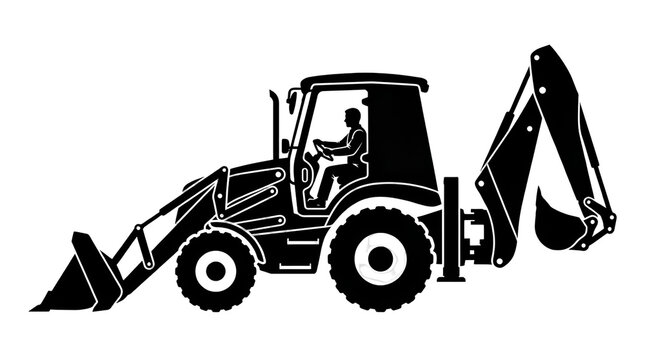 Black silhouette of a modern compact backhoe loader, isolated on a white and transparent background.