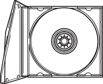 Compact disc jewel case line art vector template, open CD case vector illustration for media packaging design, black and white outline icon
