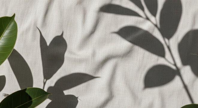 A bright cloth surface with shadows of leaves and a few green leaves in the bottom left corner