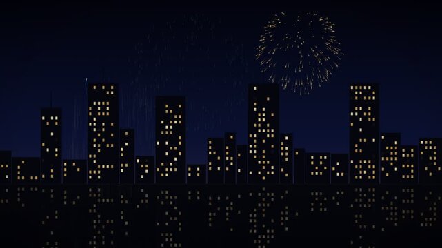 Nighttime cityscape with fireworks display over illuminated skyscrapers and reflections on water