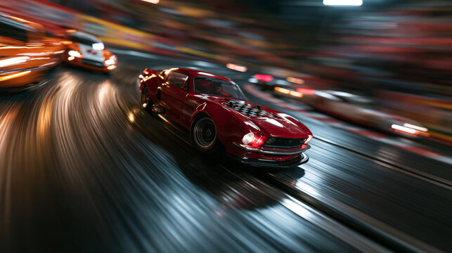 Red Slot Car Speeding along Track with Motion Blur