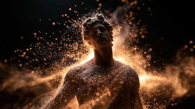 Classical Statue Transforming with Glowing Golden Dust and Particles