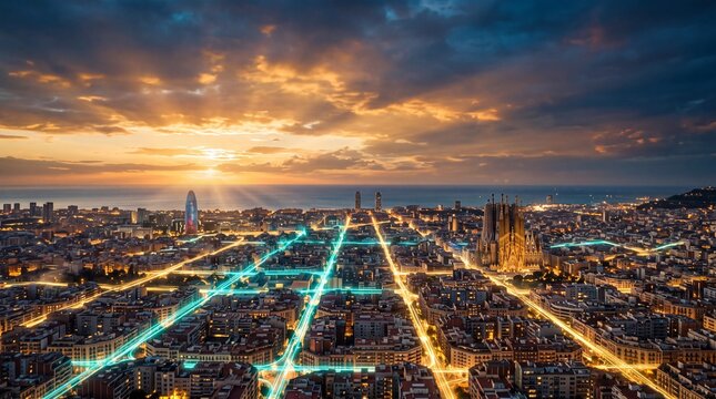 Smart City Barcelona Aerial View with Glowing Network Lines