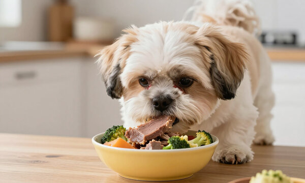 shot plump dog enthusiastically devouring colorful bowl mixed meats steamed vegetables soft warm