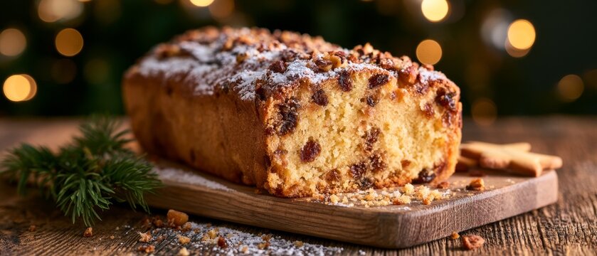 Festive fruitcake on a wooden cutting board