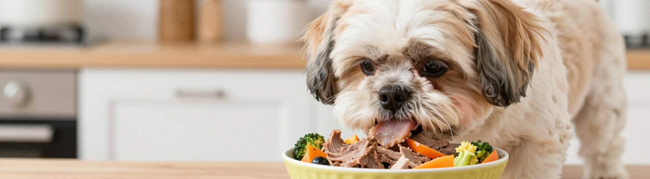 shot plump dog enthusiastically devouring colorful bowl mixed meats steamed vegetables soft warm