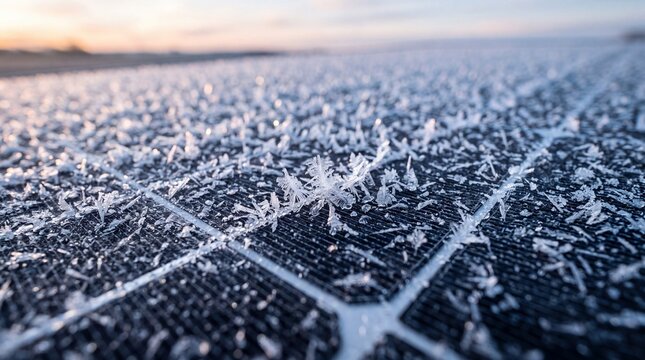 Frost and Ice Crystals Covering Solar Panel in Winter