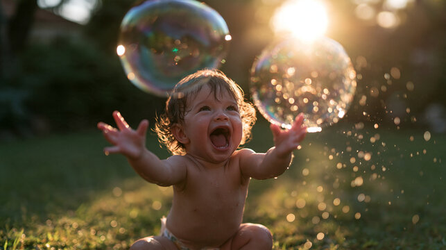 Excited Baby Laughing and Reaching for Bubbles Outdoors