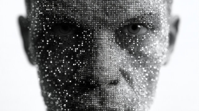 Digital Human Face with Cybernetic Data Grid Pattern