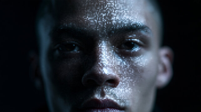 Pixelated Face of Man Illustrating Facial Recognition Technology