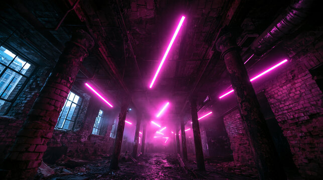Abandoned Industrial Warehouse Illuminated by Pink Neon Lights