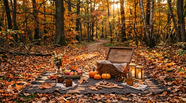 cozy autumn picnic in golden forest with fallen leaves, wicker picnic basket open, glowing lanterns with candles, small pumpkins jack o lantern, bowl of fruits apples pears, mugs coffee, blanket on gr