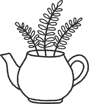 Leafy plant in teapot planter line art illustration