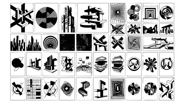 Retro futuristic constructivist poster collection with brutalist geometric shapes black and white vector designs