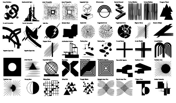 Brutalist geometric wireframe collection with strange abstract forms black and white vector posters